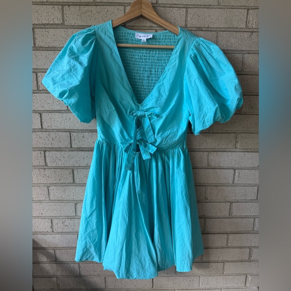 MABLE Sky Blue Puff Sleeve Mini Balloon Dress Tie Bows Small Kate V Neck Dress